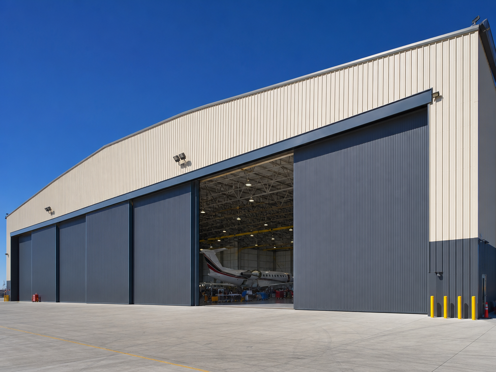 Large aircraft hangar sliding door system installed and serviced by Bent Nail